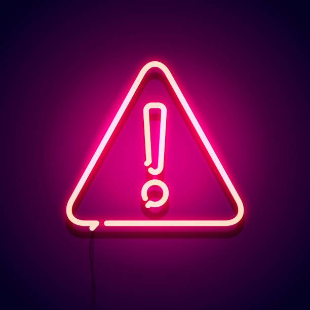 Vector Illustration Neon Glowing Warning Sign. Attention Label Glow On The Wall